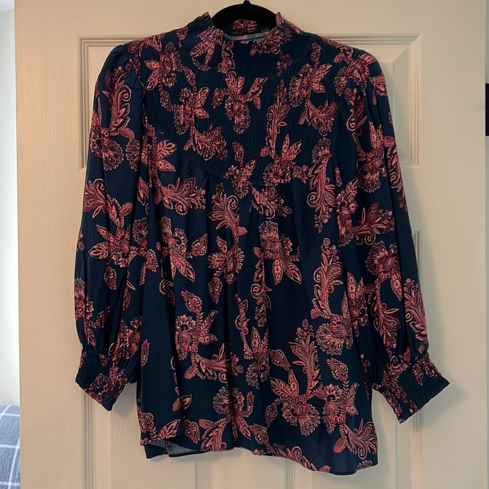 Rose + Olive blouse, dark teal/blue with pink/maroon flowers, size L